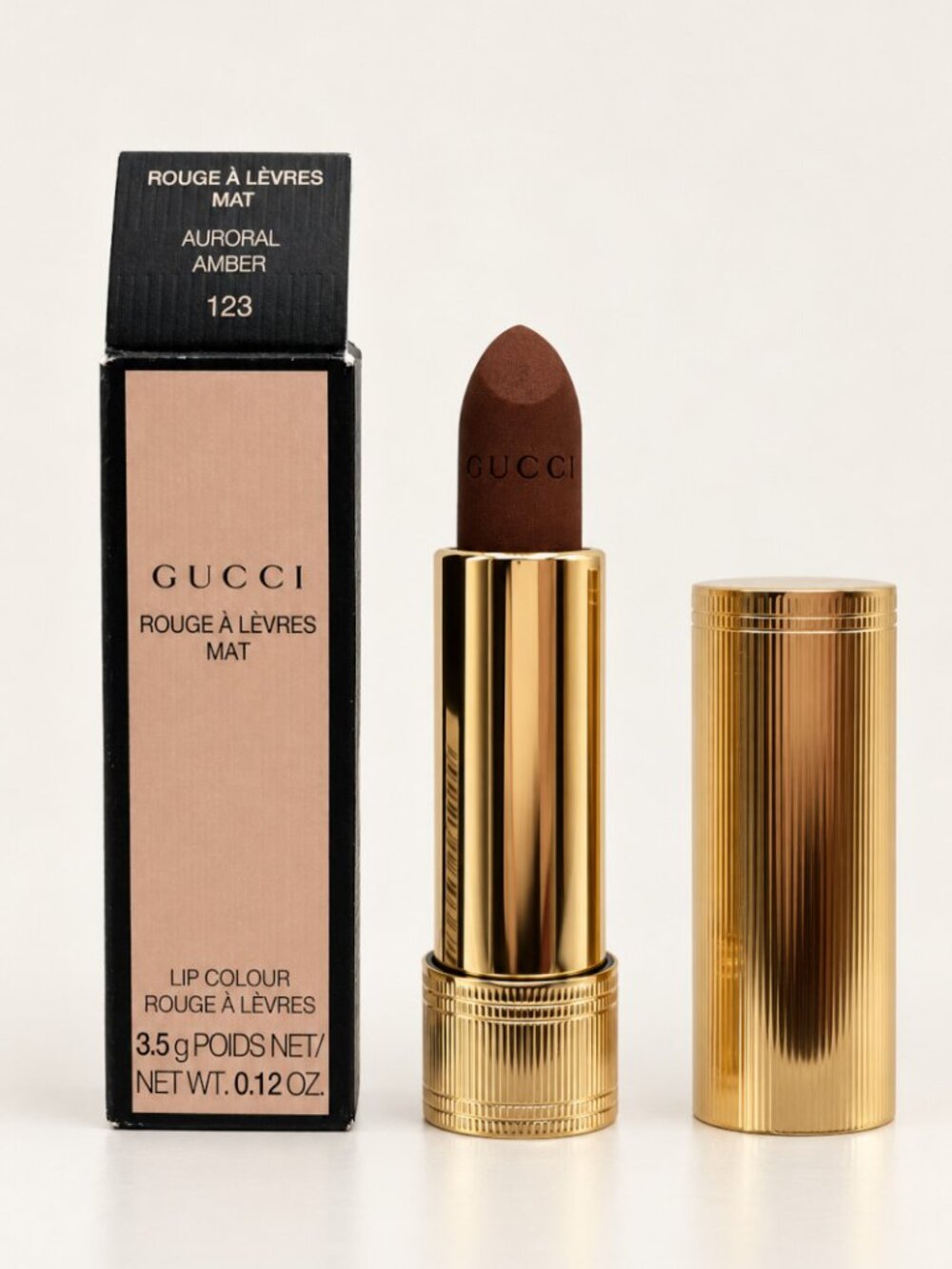 Gucci Matte Lipstick 123 Auroral Amber Full Size NIB